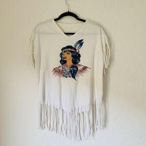 VTG Native American Shirt Cut Fringe Sz M* White Graphic Tee Tribal Festival Tee